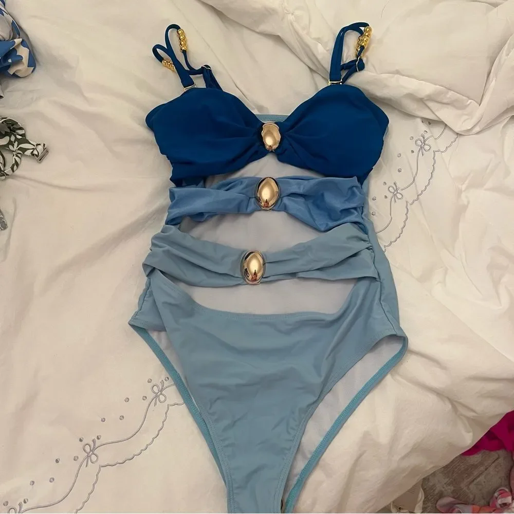 Shein Women's Multi-Color Hollow Out Beach Wear One-Piece Swimsuit blue